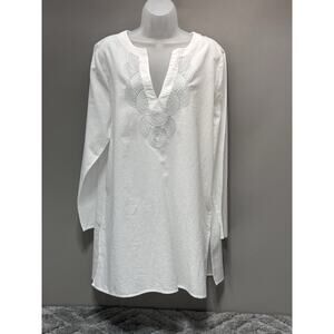 Tea White Gray Embroidered Linen Tunic Top Side Slits Women’s Size X-Large Boho